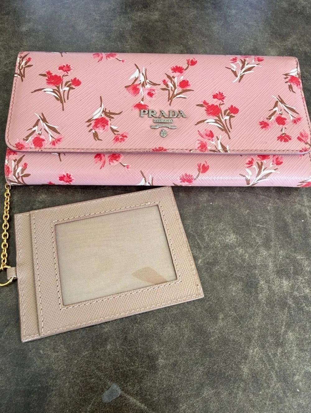 Prada Floral Continental Wallet made from pink Saffiano leather